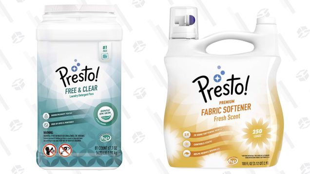 Amazon Brand - Presto! Laundry Detergent Pacs 81-Count | $14 | Amazon Amazon Brand - Presto! Concentrated Fabric Softener, Fresh Scent, 250 Loads | $15 | Amazon | Clip the $1 coupon